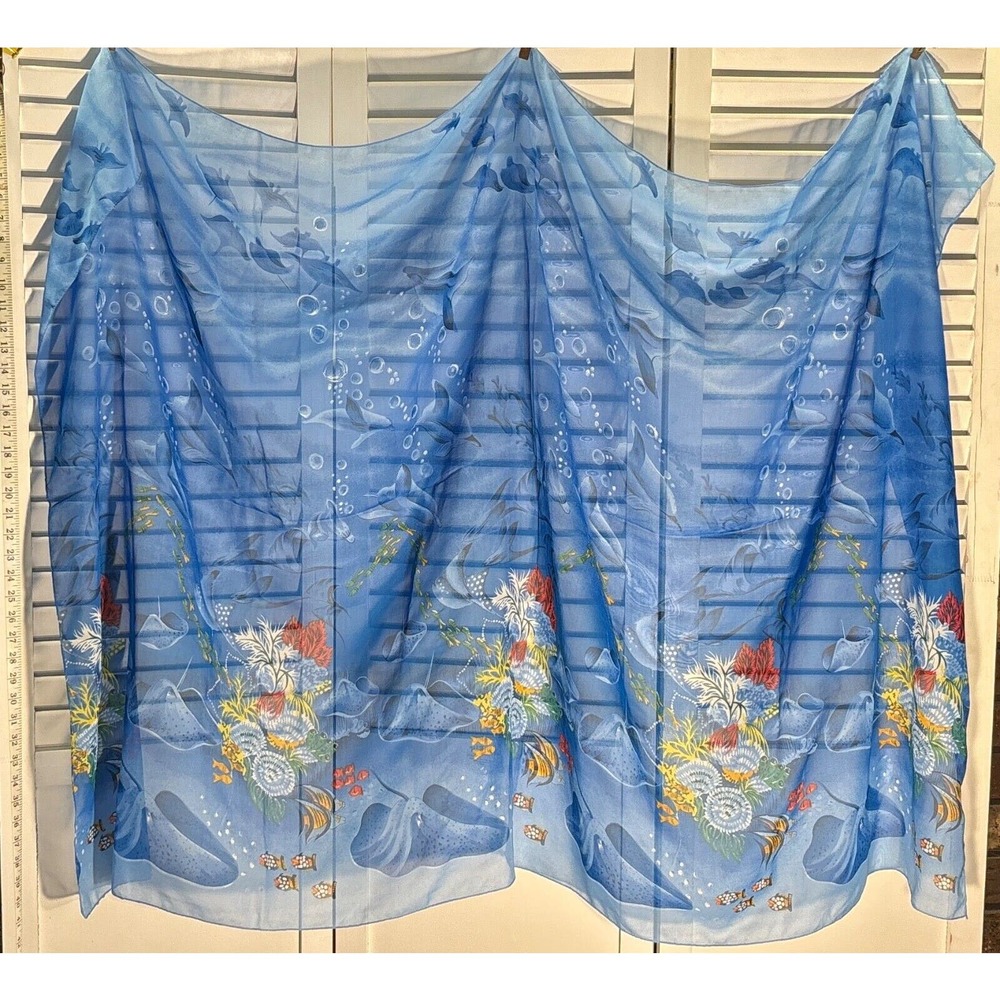 Silk Chiffon Sheer Scarf Sarong Stingray Porpoise Dolphin Blue‎ 42"x66"